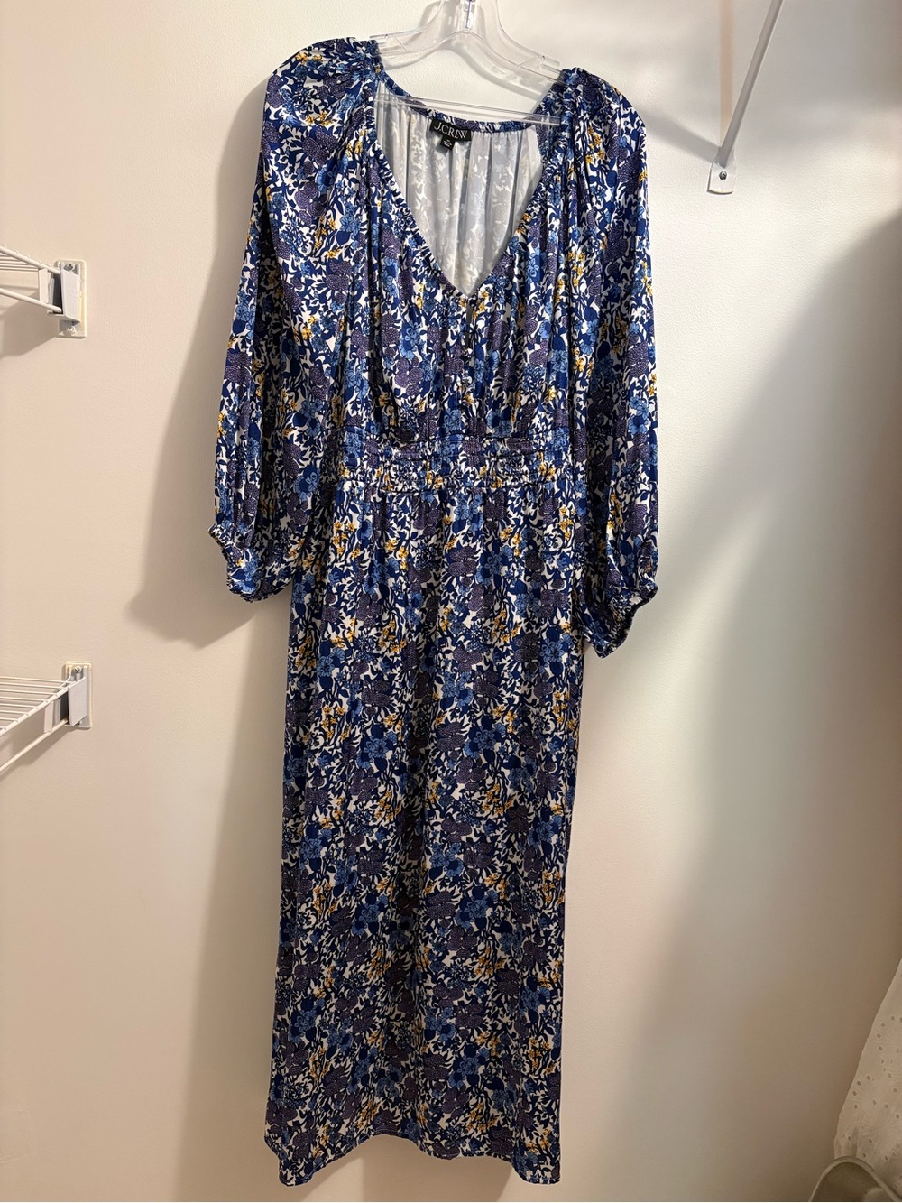 Boho 70s Floral Midi Dress J.Crew Peasant Sleeve Smocked Waist XL